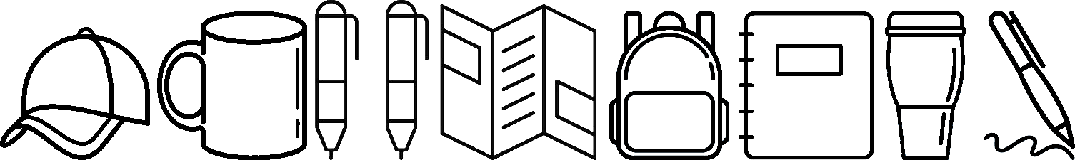 Promotional printed product icons including a cap, mug, pens, pamphlet, backpack, notepad, tumbler cup, and pen.